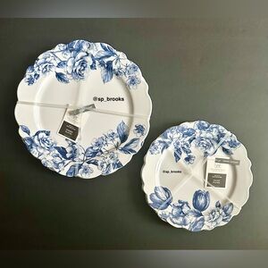 🎁8PC Farmhouse Melamine Plates -4 Dinner & 4 Salad w Scallops - Blue & White